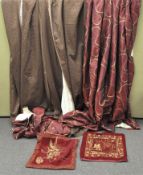 Two pairs of brown curtains, 280 x 130 cm each panel, together with a maroon and gold pair,