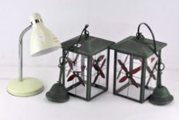 A pair of contemporary hanging lanterns and other items