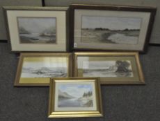 Four 20th Century watercolour landscapes, one depicting sheep and stamped 'G.W.C.