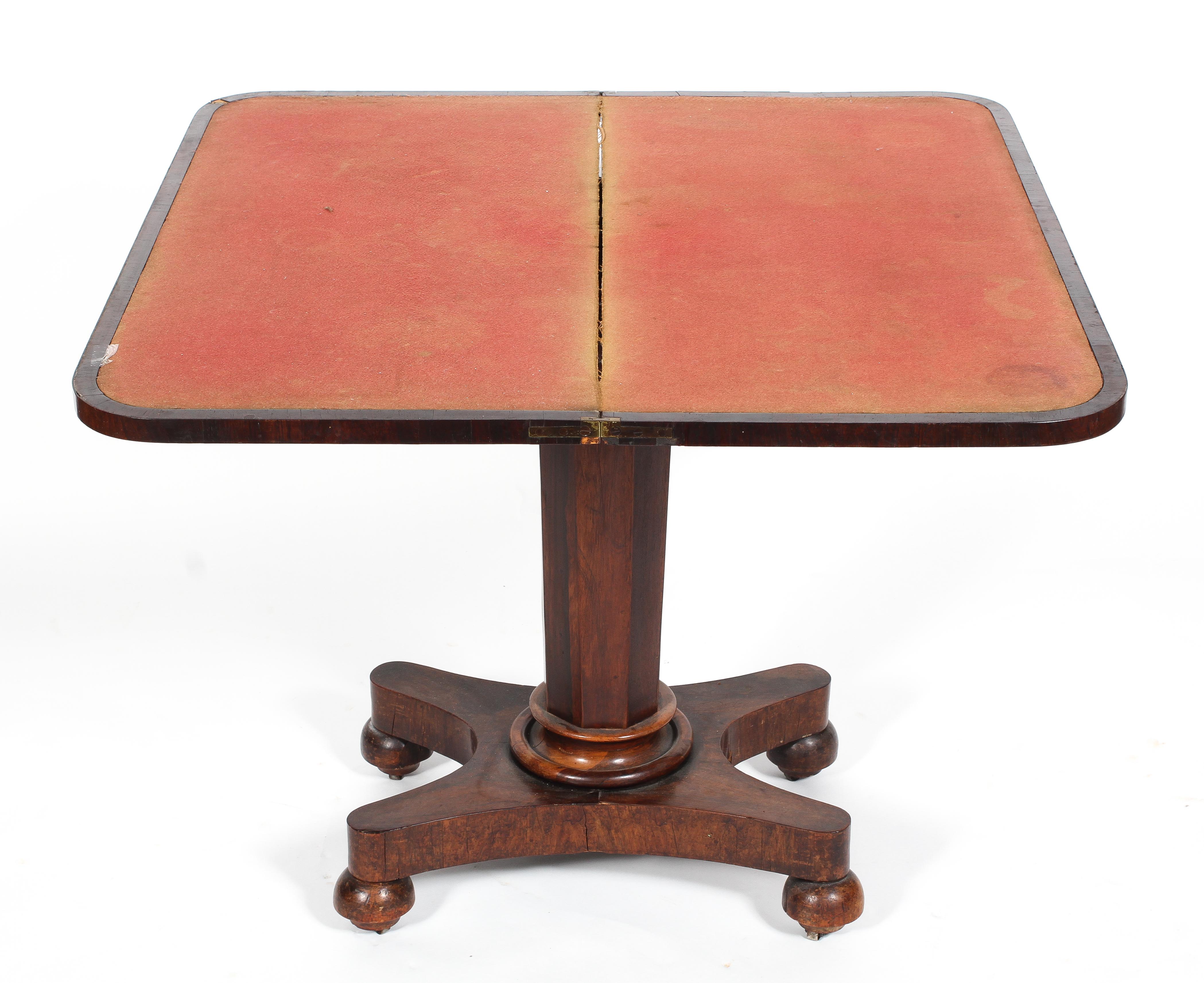 A William IV rosewood card table, the folding D-section top inset with red baize, - Image 2 of 2