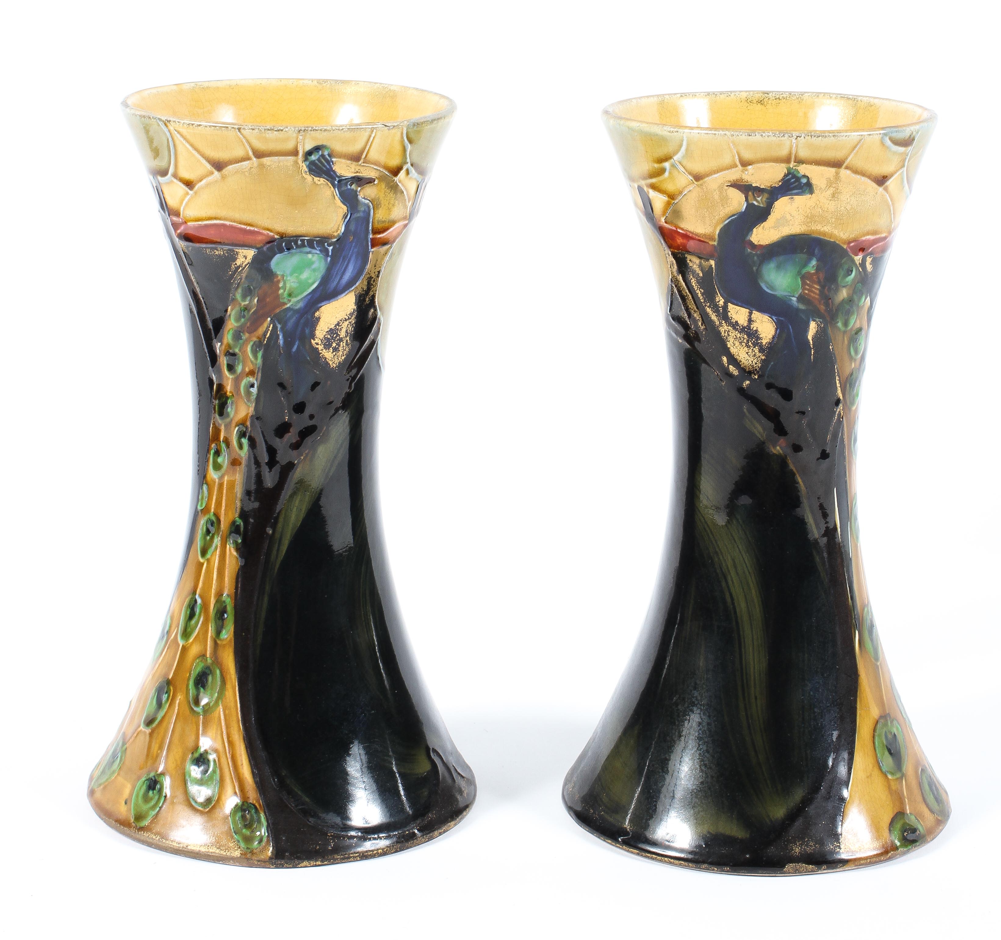A pair of Staffordshire pottery Art Nouveau tube lined vases, circa 1900,