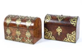 Two Victorian brass mounted walnut writing boxes, late 19th century,