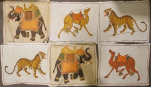 Six Indian hand painted and gilt images of animals on cotton panels, 20th century,