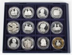 A collection of twelve commemorative silver proof coins, 925/1000, relating to Queen Elizabeth,