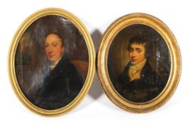 Two early 19th century oval portraits of gentleman, on oil on canvas, each in gilt wood frame,