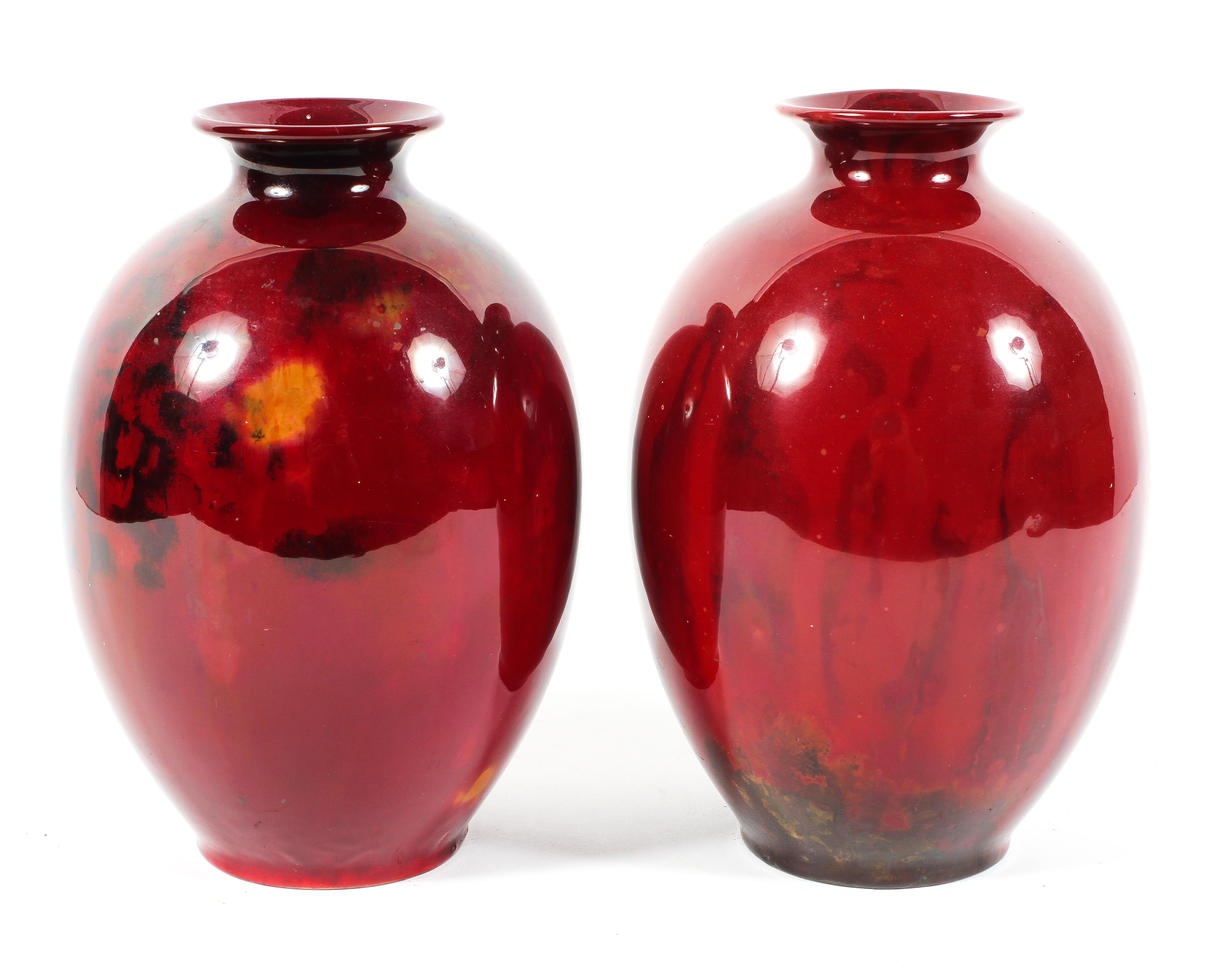 A pair of Doulton flambe vases, early 20th century, printed white marks,