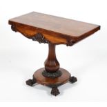 A Victorian rosewood folding card table, with D-shaped swivel top, inset with red baize top,