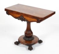 A Victorian rosewood folding card table, with D-shaped swivel top, inset with red baize top,