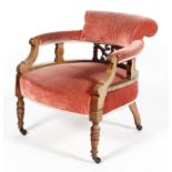 A Victorian oak framed bedroom armchair upholstered in pink velvet, late 19th century,