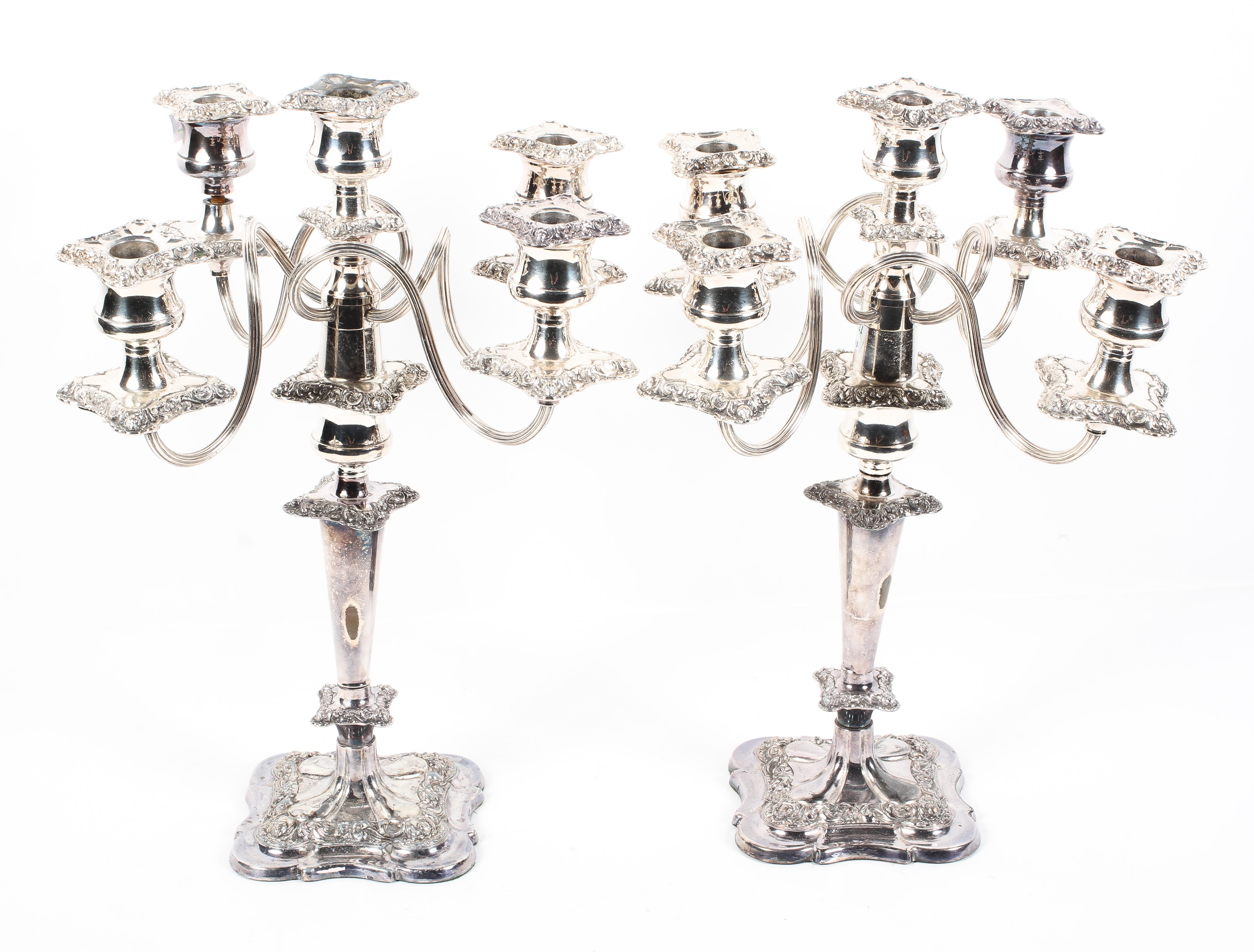 A pair of Victorian style silver plated five light candelebra, 20th century,