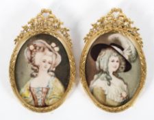 Two portrait miniatures of ladies in pierced gilt metal oval frames, circa 1900,