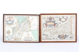 Two hand coloured prints of Saxton's maps, comprising: Cornwall 1576 and Gloucestershire 1577,