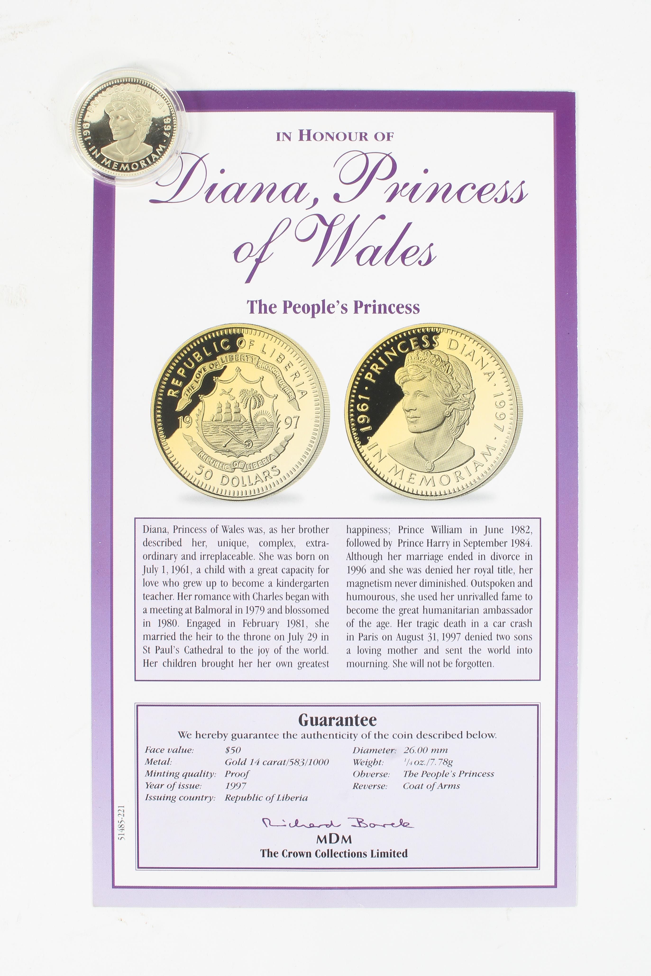 A commemorative 14ct gold $50 proof coin "In honour of Princess Diana, Princess of Wales, - Image 3 of 3