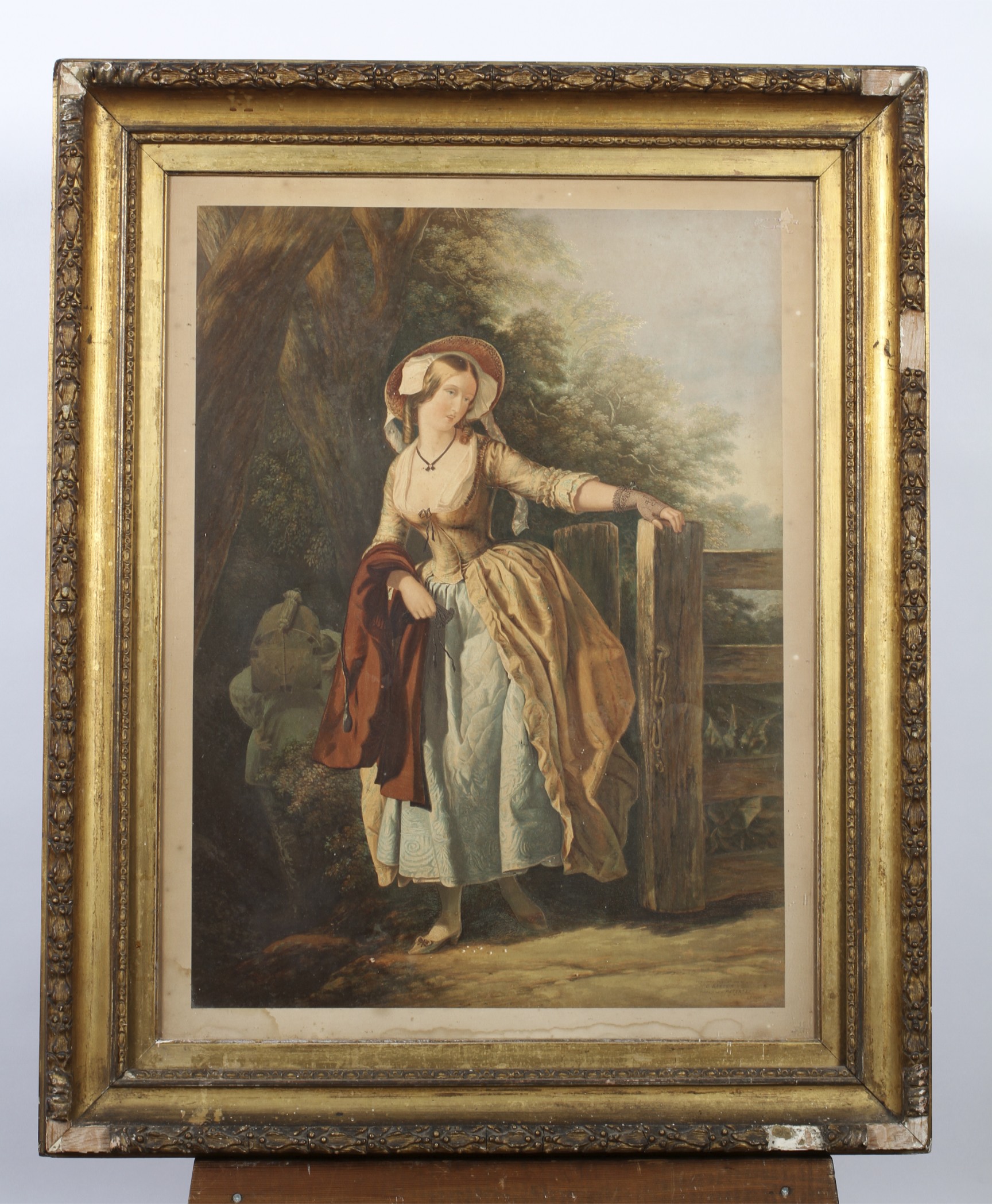 An early 19th century Baxter print of a Lady before a gate in wooded landscape, - Image 2 of 3