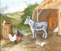 20th century School, a donkey in farmyard, oils, framed,