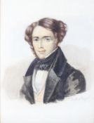A portrait miniature of a young man, mid 19th century, bust length, wearing a black tie,