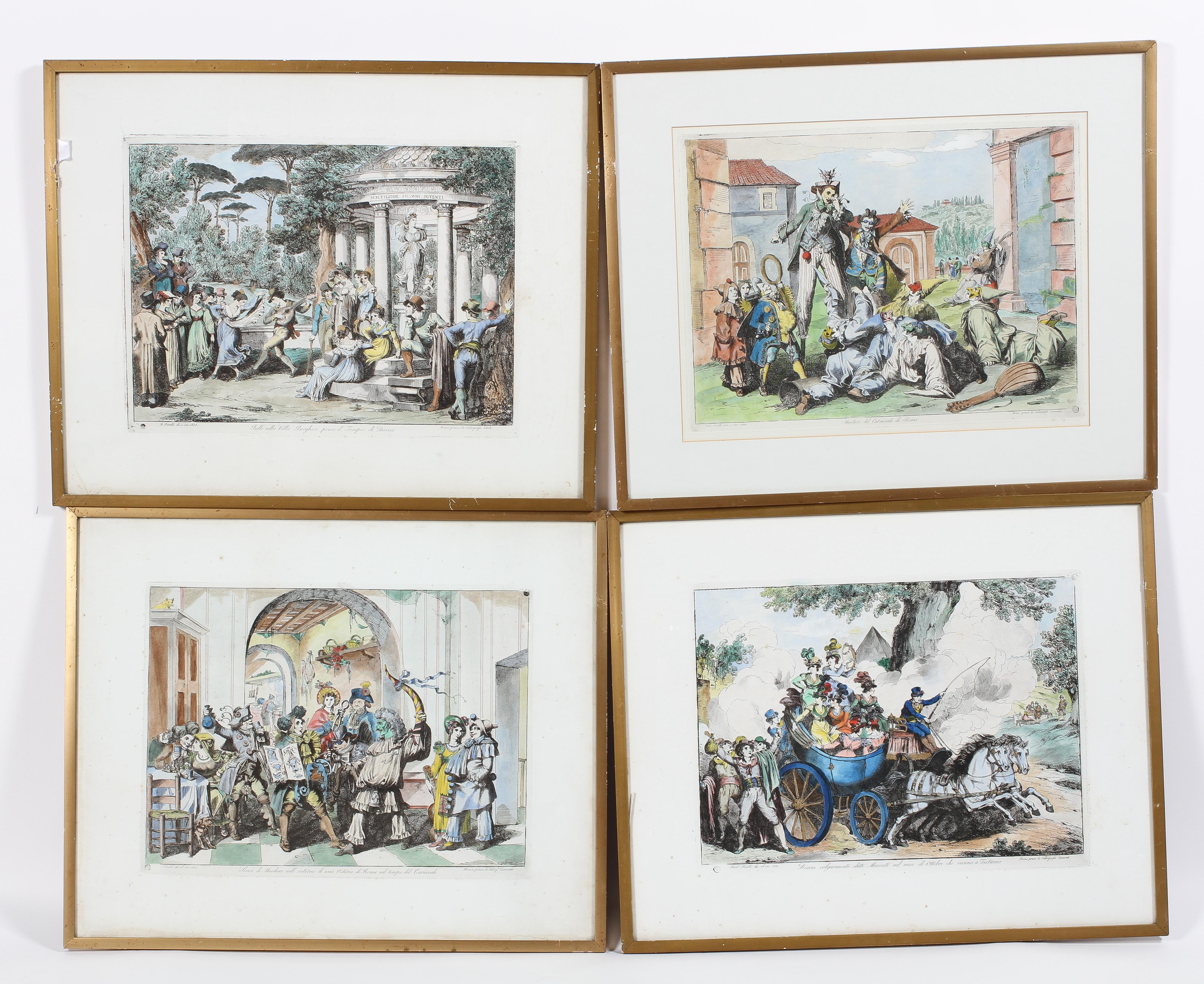 Four coloured prints by Bartolomeo Pinelli, circa 1830's, including Carnival and Coaching subjects,