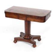 A William IV rosewood card table, the folding D-section top inset with red baize,