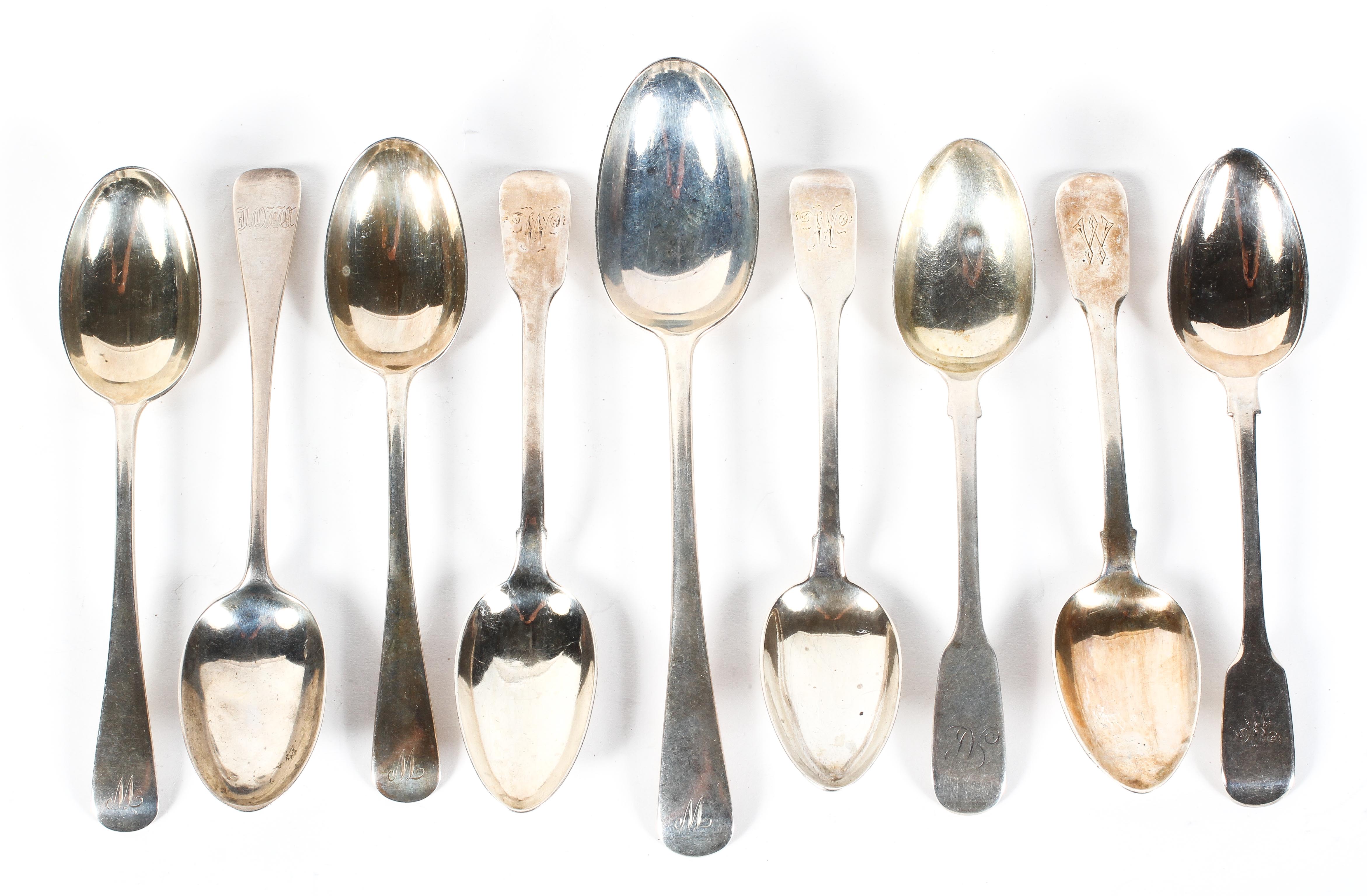A collection of silver table and dessert spoons, George III and later,