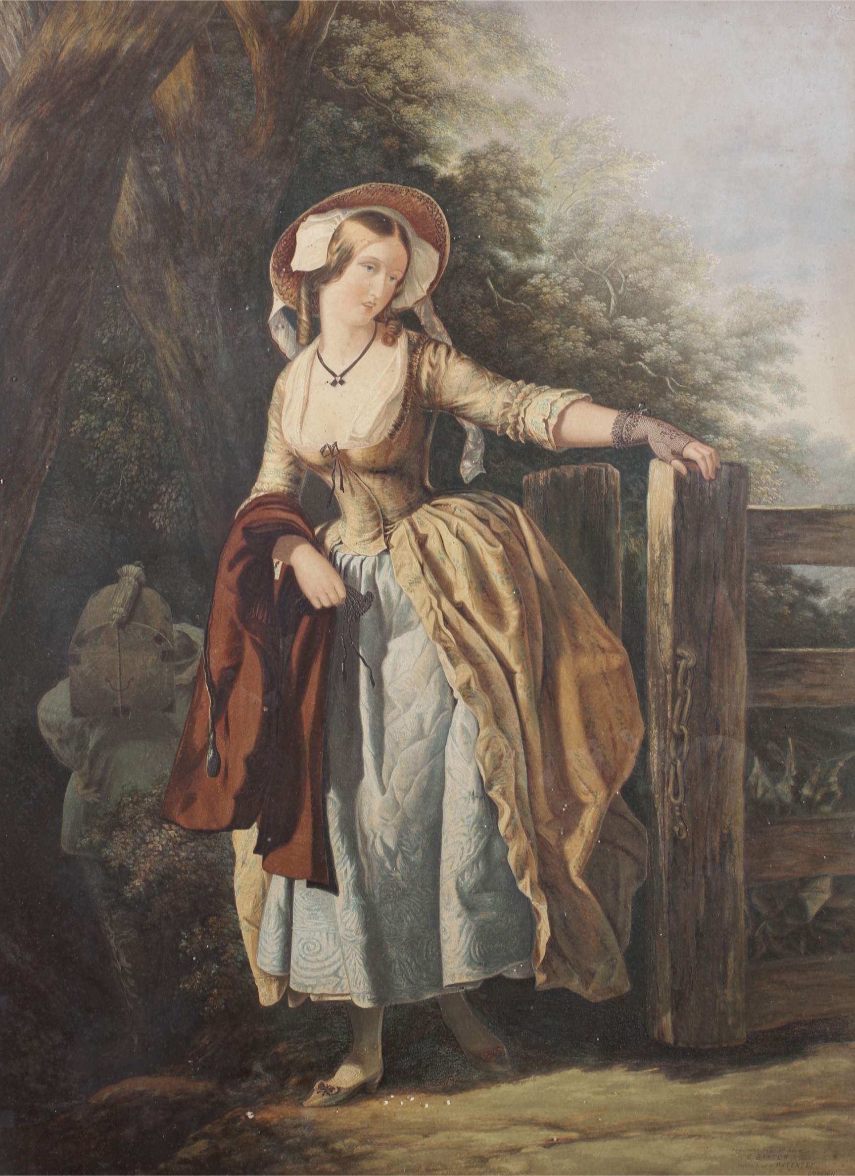 An early 19th century Baxter print of a Lady before a gate in wooded landscape,