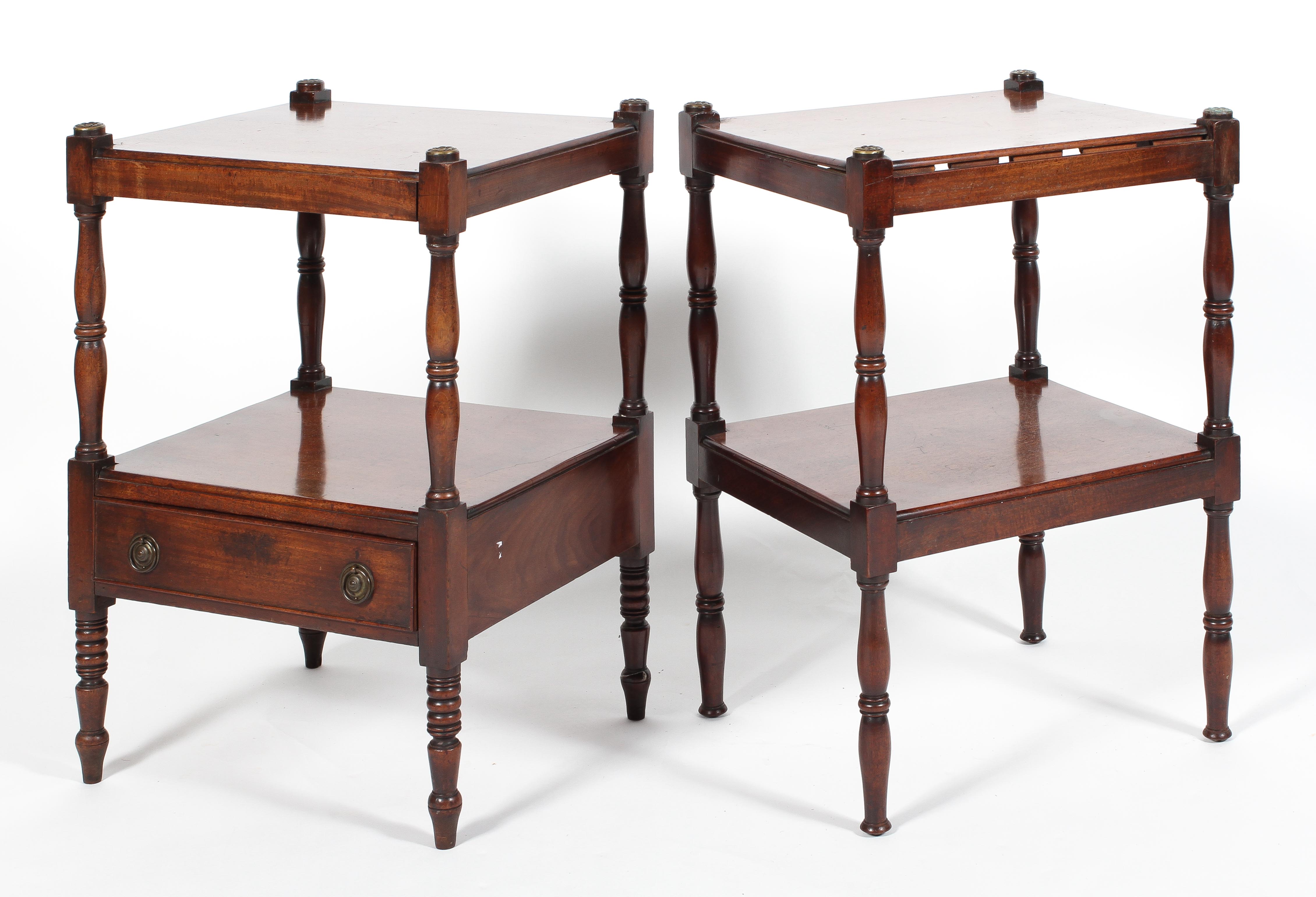 Two Regency style mahogany bedside tables, each of square section,
