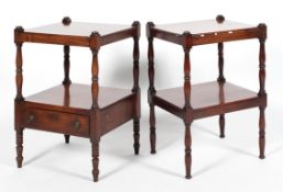 Two Regency style mahogany bedside tables, each of square section,