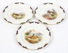 Three Royal Worcester game bird plates painted by Johnson, circa 1900, printed green marks,