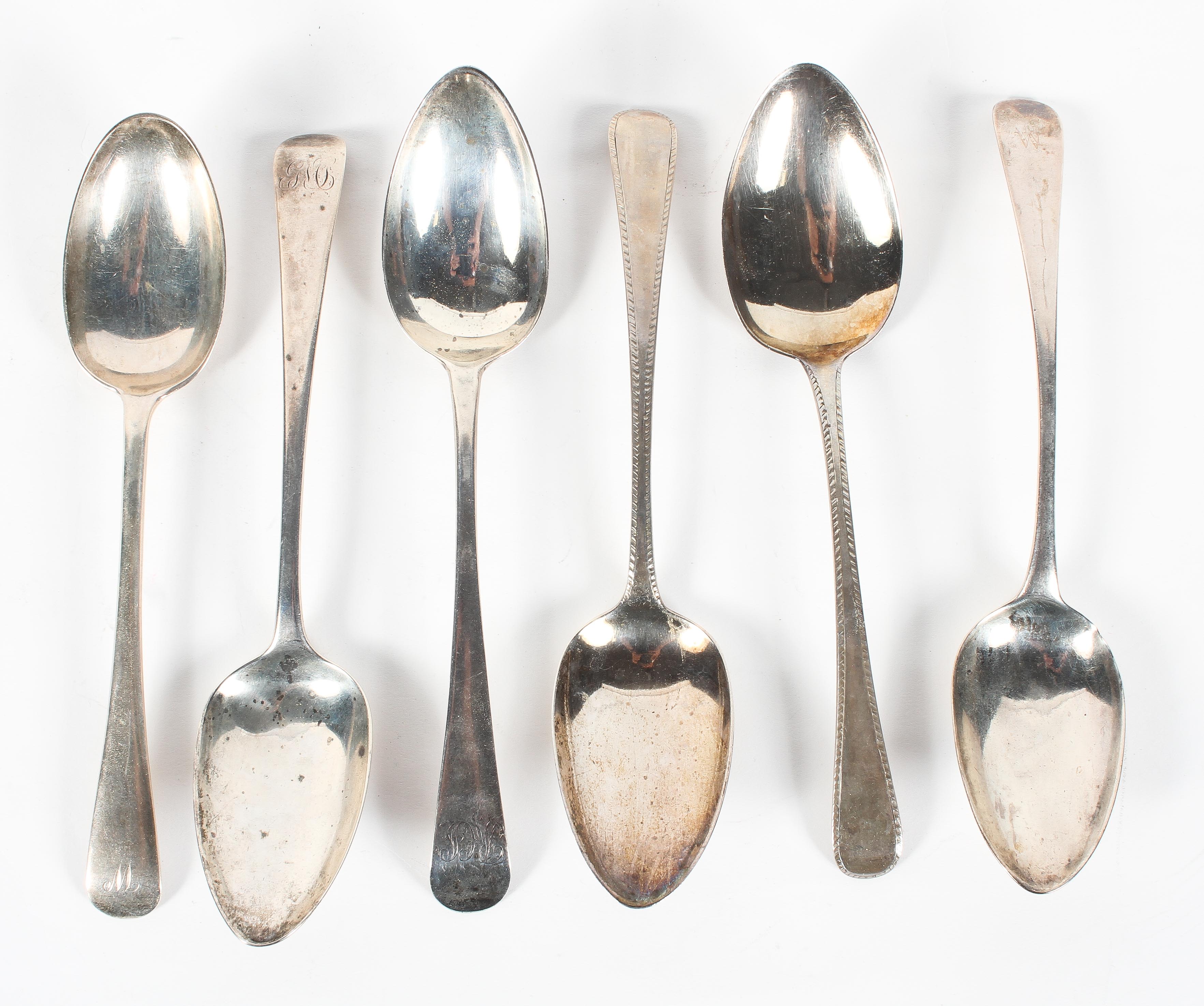 Six silver table spoons, late 18th and 19th century, some initialled,
