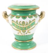 A Staffordshire pottery green and gilt two-handled apothecary jar circa 1840,