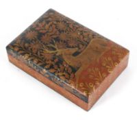 A Kashmir lacquered and gilt card box, the cover decorated with a recumbent deer amongst foliage,