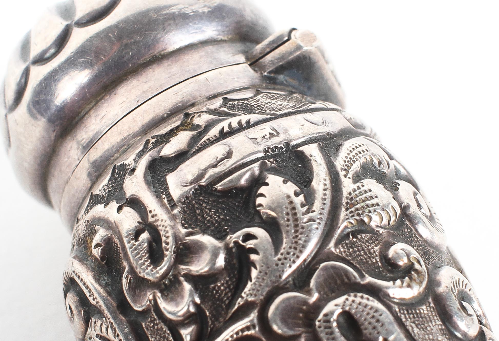 A Victorian silver scent bottle, with embossed and engraved decoration throughout, marks rubbed, - Image 2 of 3