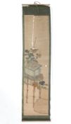 A Chinese silk mounted painted paper scroll, decorated with a jardiniere of flowers on bamboo stand,