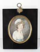 A portrait miniature of a young lady, early 19th century, wearing a muslin dress with blue sash,