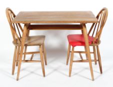 An Ercol blonde elm and beech rectangular dining table with lower shelf and two dining chairs,