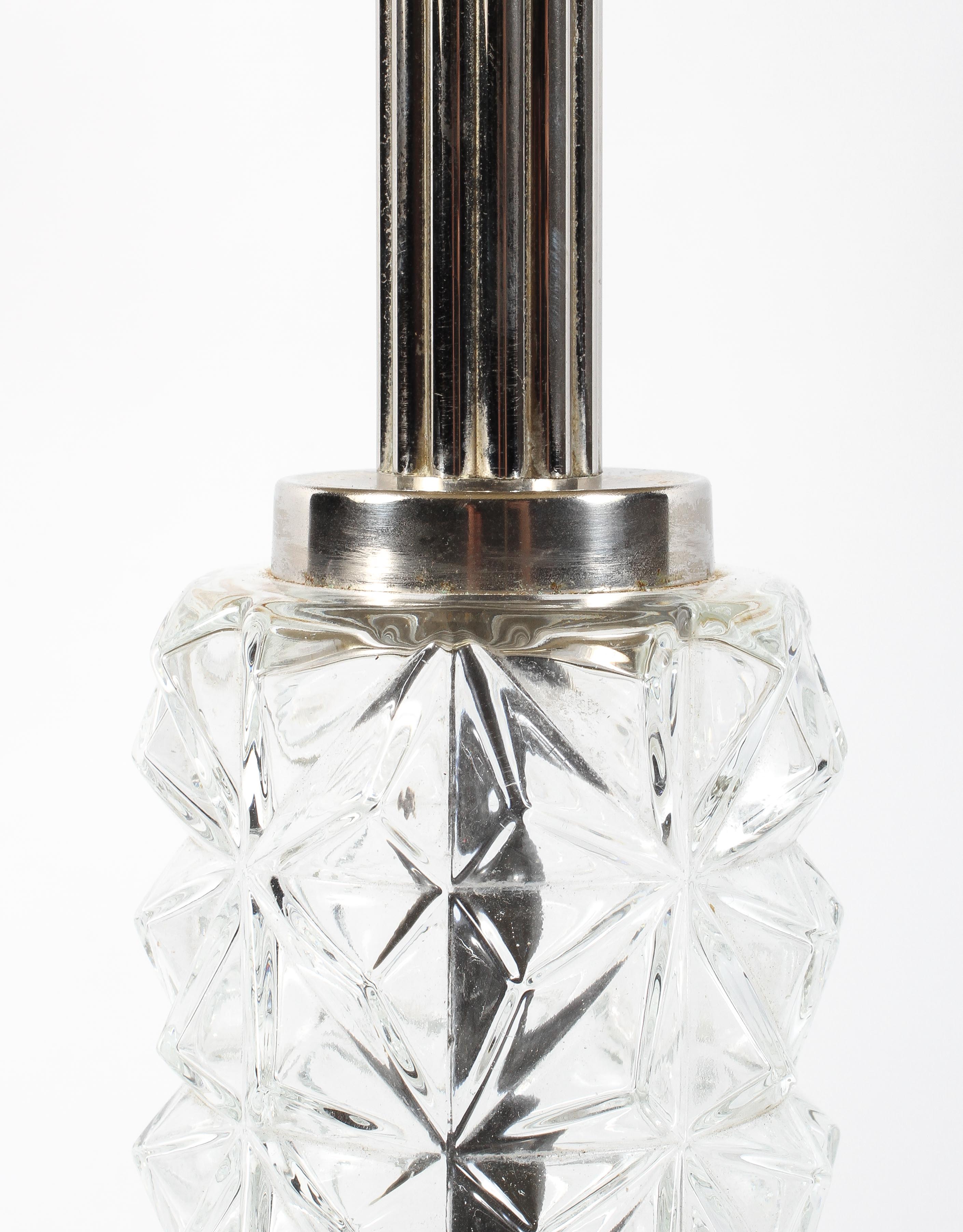 A mid century style glass and chrome table lamp with black shade, circa 1960, - Image 2 of 2