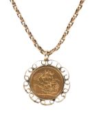 A full sovereign coin dated 1901 mounted in 9ct gold scroll pendant mount suspended from a chain