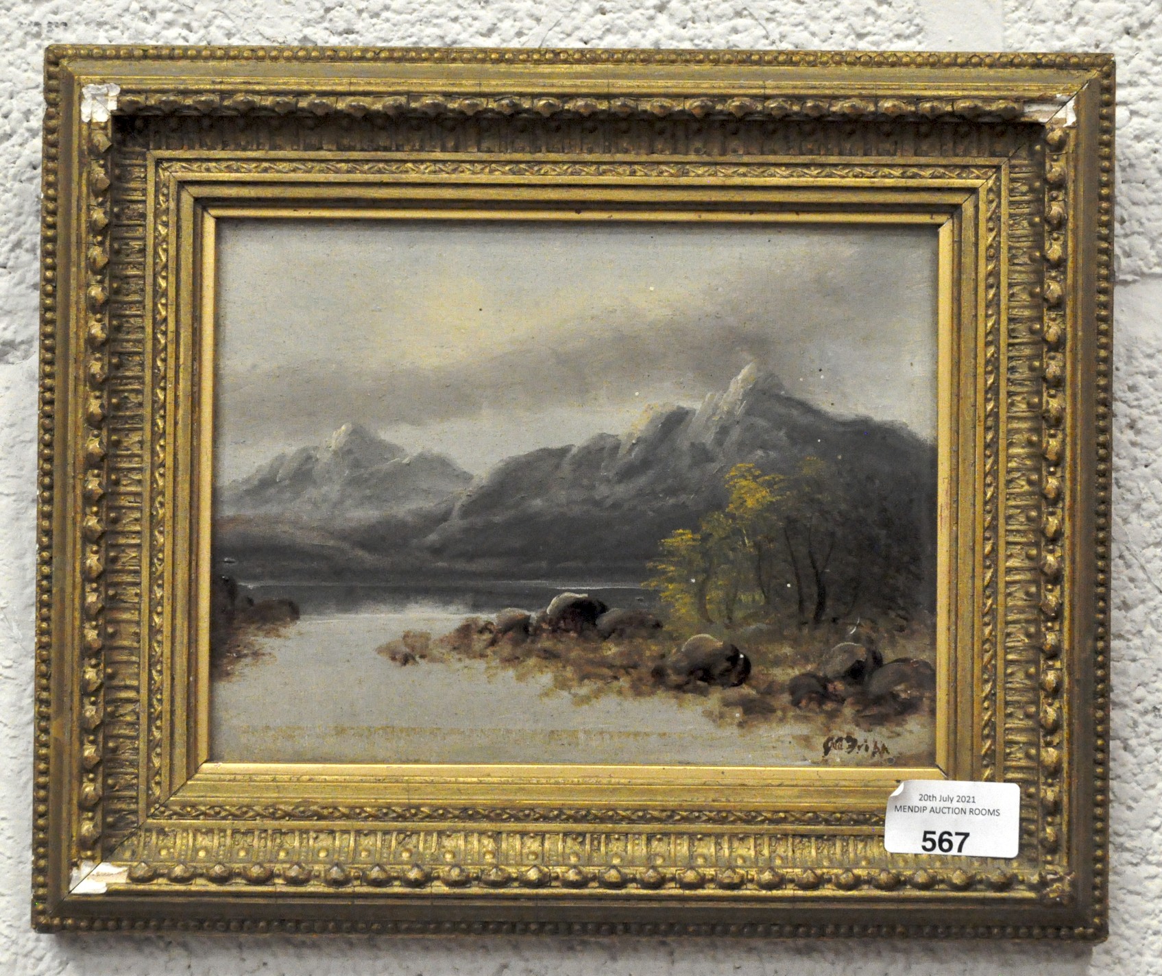 A 19th century oil on board, depicting a mountainous landscape, signed (lower right)