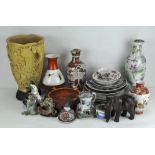 A group of Asian ceramics, comprising two lamp bases, assorted plates, jugs,