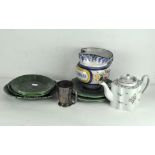 A Wedgwood green majolica part service, together with a 'Bere E Amare' jug, soldered metal beaker,