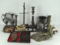 Various pewter and metal items including jugs, candlesticks, a set of 12 knives,