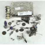 Box of silver jewellery including a pendant, filigree brooch, tie pin modelled as a dagger and more,