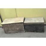 A large wooden trunk with a hinged lid and metal handles to either side, width 79 cm,
