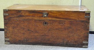 A possibly 19th Century mahogany campaign trunk, with brass-bound corners,