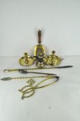 A group of brass and metalware, including: a pair of 19th century brass chamber candlesticks,
