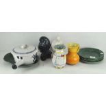A group of retro stoneware, including a blue glazed Poole owl, a yellow Shelley jug,