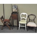 A selection of furniture including an Edwardian oak x-frame folding porters stool with red velvet