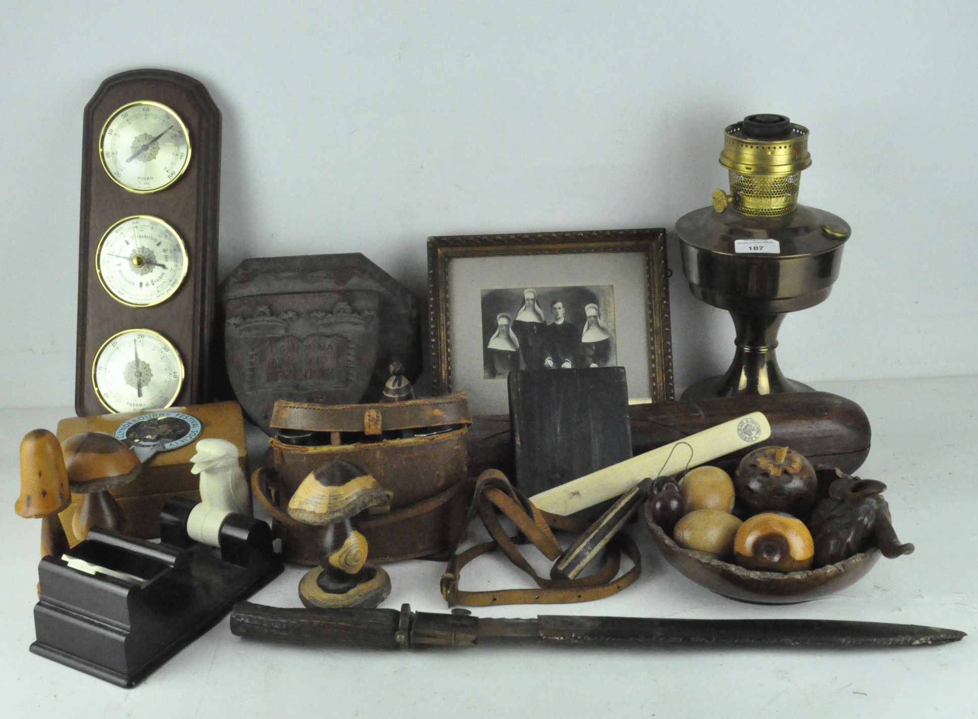 A large horn handled knife, together with a brass oil lamp, mounted thermometer and barometer, - Image 2 of 2