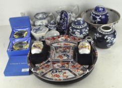 A group of blue and white Chinese and European ceramics including an 18th century Imari bowl (AF),