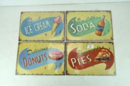 Four metal advertising signs, with printed decoration promoting Pies, Donuts,
