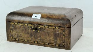 A Victorian inlaid box, with mother of pearl and straw work details,